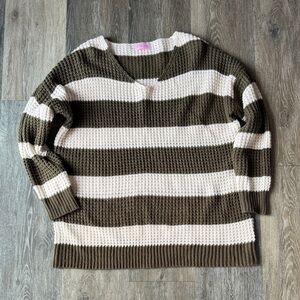 Pink Lily Olive and Cream Striped V-Neck Sweater